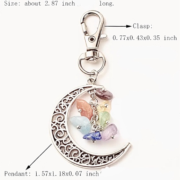 BAG CHARM Silver Tone Crescent Moon with Multicolor Dangling Stones - Picture 4 of 4